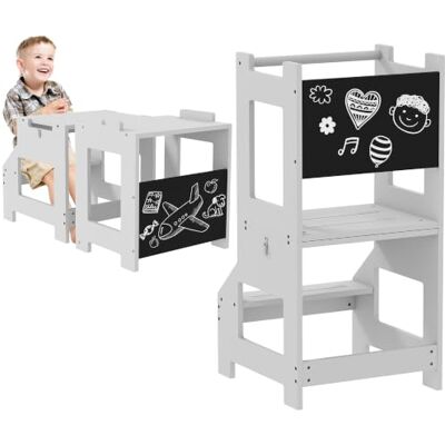HOMCOM 3 en 1 Tour d'Observation Enfant avec Barreau pour 3 à 6 Ans Gris Tour d'Apprentissage, Hauts Rebords de Sécurité, Tableau Noir, Marches Antidérapantes, Learning Tower - Publicité HOMCOM 3 en 1 Tour d'Observation Enfant avec Barreau pour 3 à 6 Ans Gris Tour d'Apprentissage, Hauts Rebords de Sécurité, Tableau Noir, Marches Antidérapantes, Learning Tower - Publicité