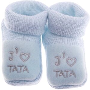 Fruit de ma passion Chaussons bébé brodés J'aime Tata + coeur FDMP, 0/3mois couleur au choix (Bleu/gris) - Publicité