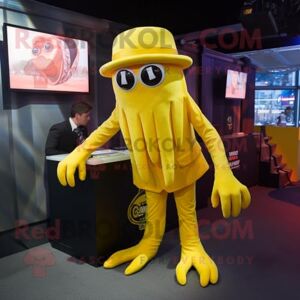 REDBROKOLY Costume de mascotte de Kraken jaune habillé avec un pantalon de costume et un bonnet - Publicité