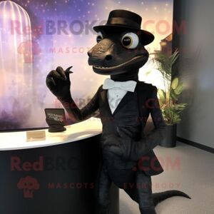 REDBROKOLY Costume de mascotte de lézard noir habillé avec un smoking et des bracelets de cheville - Publicité