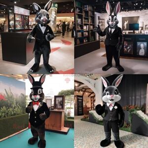 REDBROKOLY Costume de mascotte de lapin sauvage noir habillé avec un smoking et des bretelles - Publicité
