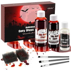 Aifanciey Faux sang Halloween, 58 ml de sang frais artificiel, 48 ml de sang de théâtre rouge foncé, 28 ml de latex liquide, pinceaux de maquillage, kit de maquillage et éponge, lavable pour Halloween, zombie, - Publicité Aifanciey Faux sang Halloween, 58 ml de sang frais artificiel, 48 ml de sang de théâtre rouge foncé, 28 ml de latex liquide, pinceaux de maquillage, kit de maquillage et éponge, lavable pour Halloween, zombie, - Publicité