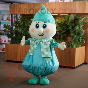 REDBROKOLY Costume de mascotte de navet turquoise habillé avec une robe droite et des écharpes - Publicité