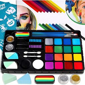 FLYISH DIRECT Maquillage Enfant Kit Peinture Visage Enfant, Maquillage Halloween, 18 grandes peintures à l'eau, 28 pochoirs, un gâteau arc-en-ciel, 2 craies pour cheveux 6 pinceaux 2 paillettes - Publicité FLYISH DIRECT Maquillage Enfant Kit Peinture Visage Enfant, Maquillage Halloween, 18 grandes peintures à l'eau, 28 pochoirs, un gâteau arc-en-ciel, 2 craies pour cheveux 6 pinceaux 2 paillettes - Publicité