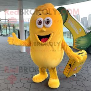 REDBROKOLY Costume de mascotte Currywurst jaune citron habillé avec un pantalon en velours côtelé et des sacs à main - Publicité