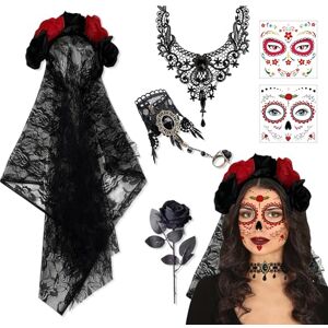 JNYUTEEN 6 Pièces Halloween Jour des Morts Bandeau, Dia de los Muertos Serre-Tête et Voile Collier Bracelet Roses et Autocollant Tatouages, Deguisement Halloween pour Costume Cosplay Soirée Carnaval - Publicité JNYUTEEN 6 Pièces Halloween Jour des Morts Bandeau, Dia de los Muertos Serre-Tête et Voile Collier Bracelet Roses et Autocollant Tatouages, Deguisement Halloween pour Costume Cosplay Soirée Carnaval - Publicité