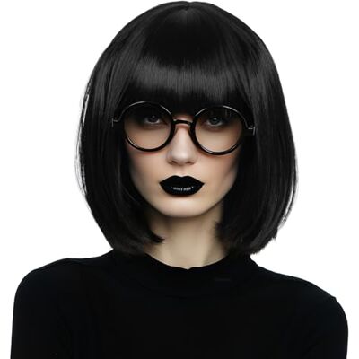Linfairy Perruque courte noire et duveteuse pour femme accessoire de déguisement pour Halloween cosplay avec monture de lunettes - Publicité Linfairy Perruque courte noire et duveteuse pour femme accessoire de déguisement pour Halloween cosplay avec monture de lunettes - Publicité