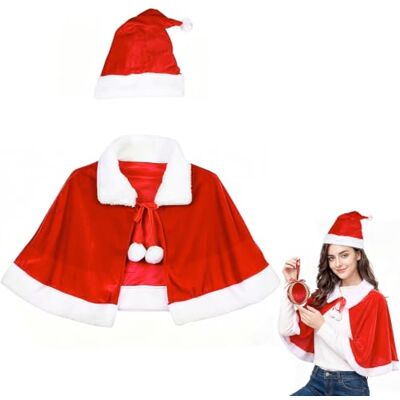 Gnovldg 2 Pièces Cape de Noël pour adulte avec Chapeau, Cape de Noël Capes de Christmas Courte avec Bonnet en Velours Rouge pour Femme, pour Fête de Noels, Halloween Carnaval Cosplay - Publicité Gnovldg 2 Pièces Cape de Noël pour adulte avec Chapeau, Cape de Noël Capes de Christmas Courte avec Bonnet en Velours Rouge pour Femme, pour Fête de Noels, Halloween Carnaval Cosplay - Publicité