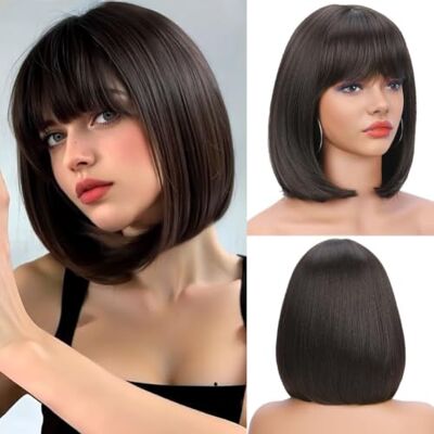 Panda Perruque marron foncé courte Bob droite avec frange pour femme, perruques de cheveux raides naturels brésiliens synthétiques résistants à la chaleur pour cosplay fête Halloween - Publicité Panda Perruque marron foncé courte Bob droite avec frange pour femme, perruques de cheveux raides naturels brésiliens synthétiques résistants à la chaleur pour cosplay fête Halloween - Publicité