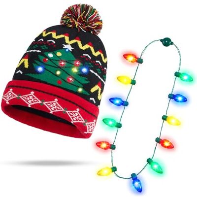 JOYIN Bonnet de Père Noël tricoté avec éclairage LED et collier à ampoules LED (12 ampoules) pour Noël et les fêtes - Publicité JOYIN Bonnet de Père Noël tricoté avec éclairage LED et collier à ampoules LED (12 ampoules) pour Noël et les fêtes - Publicité