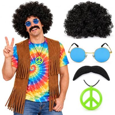REDSTAR Accessoires Hippie Costume des Années 70, Collier Signe de Paix, Perruque Afro, Lunettes, Moustache Accessoire des Années 60 pour Homme - Publicité REDSTAR Accessoires Hippie Costume des Années 70, Collier Signe de Paix, Perruque Afro, Lunettes, Moustache Accessoire des Années 60 pour Homme - Publicité