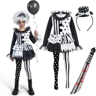 Spooktacular Creations Costume de clown effrayant pour fille Costume de clown tueur Robe noire et blanche pour fille pour Halloween - Publicité Spooktacular Creations Costume de clown effrayant pour fille Costume de clown tueur Robe noire et blanche pour fille pour Halloween - Publicité