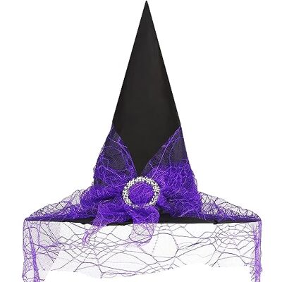 JOFONY Chapeau de sorcière pour Halloween, chapeau de sorcière violet avec voile, accessoires de sorcière, chapeaux magiciens pour Halloween, fêtes mascarades, fêtes costumées - Publicité JOFONY Chapeau de sorcière pour Halloween, chapeau de sorcière violet avec voile, accessoires de sorcière, chapeaux magiciens pour Halloween, fêtes mascarades, fêtes costumées - Publicité