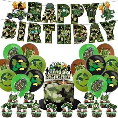 Shamoparty Lot de 30 décorations d'anniversaire sur le thème du camouflage militaire, bannière d'anniversaire militaire, décorations de ballons pour gâteaux, accessoires de fête pour garçons, grenades, chars - Publicité Shamoparty Lot de 30 décorations d'anniversaire sur le thème du camouflage militaire, bannière d'anniversaire militaire, décorations de ballons pour gâteaux, accessoires de fête pour garçons, grenades, chars - Publicité