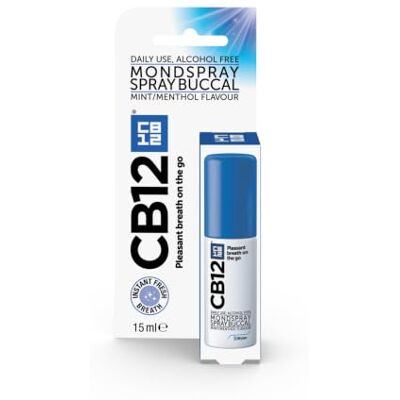 CB12 Spray buccal – Fraîcheur direct sur le chemin, Réduit la cause de la mauvaise haleine, avec de l'acétate de zinc, goût de menthe – 15 ml - Publicité CB12 Spray buccal – Fraîcheur direct sur le chemin, Réduit la cause de la mauvaise haleine, avec de l'acétate de zinc, goût de menthe – 15 ml - Publicité