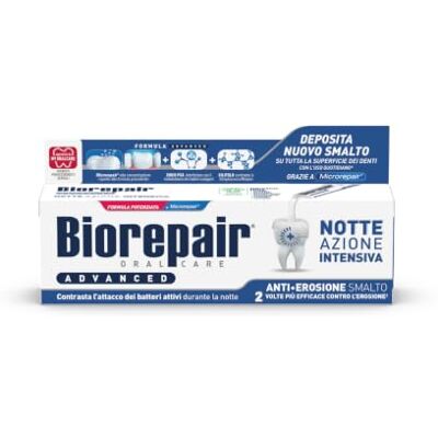 Biorepair , Dentifrice avancé, nuit intense anti-érosion, protège et répare l'émail dentaire, antibactérien, avec MicroRepair, zinc PCA et xylitol, pour une haleine fraîche, 75 ml - Publicité Biorepair , Dentifrice avancé, nuit intense anti-érosion, protège et répare l'émail dentaire, antibactérien, avec MicroRepair, zinc PCA et xylitol, pour une haleine fraîche, 75 ml - Publicité