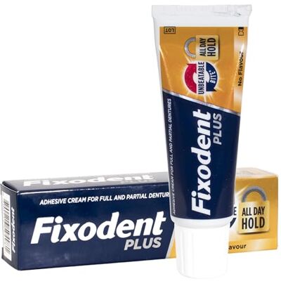 Fixodent Plus Adhésif imbattable pour prothèses dentaires, sans arôme, 40 g - Publicité Fixodent Plus Adhésif imbattable pour prothèses dentaires, sans arôme, 40 g - Publicité