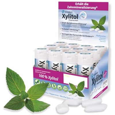 miradent Chewing-gum dentaire au xylitol Menthe poivrée 12 pcs goût frais sans sucre vegan préventif caries pratique à emporter - Publicité miradent Chewing-gum dentaire au xylitol Menthe poivrée 12 pcs goût frais sans sucre vegan préventif caries pratique à emporter - Publicité