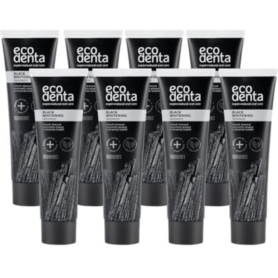 ECODENTA Lot de 8 tubes de dentifrice au charbon actif pour dents blanches sans fluorure Au charbon noir Dentifrice blanchissant 8 x 100 ml - Publicité ECODENTA Lot de 8 tubes de dentifrice au charbon actif pour dents blanches sans fluorure Au charbon noir Dentifrice blanchissant 8 x 100 ml - Publicité