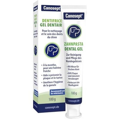 Dentifrice pour chiens Canosept - Gel dentaire - Supporte la suppression de la plaque - Préviens tartre, caries, mauvaise haleine - Dès 4 mois - Publicité Dentifrice pour chiens Canosept - Gel dentaire - Supporte la suppression de la plaque - Préviens tartre, caries, mauvaise haleine - Dès 4 mois - Publicité