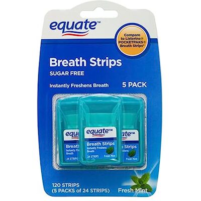Equate Lot de 24 bandes désodorisantes d'haleine, menthe fraîche, lot de 5 (120 bandes au total), paquet économique - Publicité Equate Lot de 24 bandes désodorisantes d'haleine, menthe fraîche, lot de 5 (120 bandes au total), paquet économique - Publicité