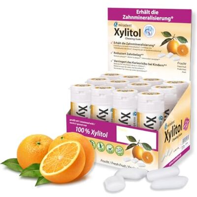 miradent Chewing-gum dentaire au xylitol Fruits frais 12 pcs goût fruité sans sucre vegan protège contre les caries idéal pour voyager - Publicité miradent Chewing-gum dentaire au xylitol Fruits frais 12 pcs goût fruité sans sucre vegan protège contre les caries idéal pour voyager - Publicité