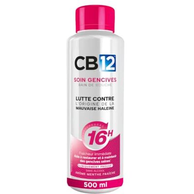 CB12 Soin Gencives Bain de Bouche 16 h d'Haleine Fraîche 500 ml Sans alcool – Gencives protégées et renforcées – Ingrédients 97% d'origine naturelle Arôme menthe fraîche - Publicité CB12 Soin Gencives Bain de Bouche 16 h d'Haleine Fraîche 500 ml Sans alcool – Gencives protégées et renforcées – Ingrédients 97% d'origine naturelle Arôme menthe fraîche - Publicité