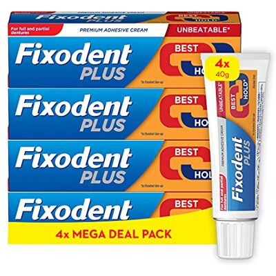 Fixodent Plus Lot de 4 crèmes adhésives pour prothèses dentaires, 40 g jusqu'à 88% de la tenue à la fin de la journée - Publicité Fixodent Plus Lot de 4 crèmes adhésives pour prothèses dentaires, 40 g jusqu'à 88% de la tenue à la fin de la journée - Publicité