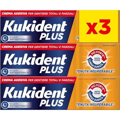 Kukident Plus Lot de 3 tubes de crème adhésive inégalée pour prothèses totales et partielles, goût neutre, lot de 3 x 35 g - Publicité Kukident Plus Lot de 3 tubes de crème adhésive inégalée pour prothèses totales et partielles, goût neutre, lot de 3 x 35 g - Publicité
