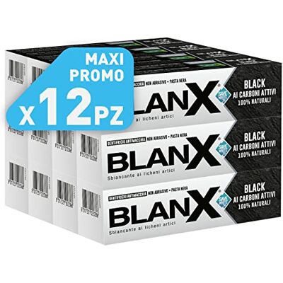 BLANX , Dentifrice Classic Black Dentifrice avec charbon actif blanchissant, naturel, non abrasif, pour dents blanches, lot de 12 x 75 ml - Publicité BLANX , Dentifrice Classic Black Dentifrice avec charbon actif blanchissant, naturel, non abrasif, pour dents blanches, lot de 12 x 75 ml - Publicité