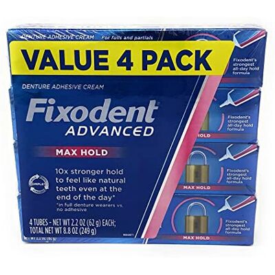 Fixodent Advanced Max Hold Lot de 4 adhésifs pour prothèses dentaires 62,4 g - Publicité Fixodent Advanced Max Hold Lot de 4 adhésifs pour prothèses dentaires 62,4 g - Publicité
