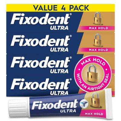 Fixodent Ultra Max Hold Secure Lot de 4 Pate Dentaire Adhésive pour Prothèses Dentaires Complètes et Partielles, 62,4 g - Publicité Fixodent Ultra Max Hold Secure Lot de 4 Pate Dentaire Adhésive pour Prothèses Dentaires Complètes et Partielles, 62,4 g - Publicité