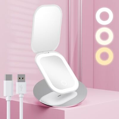 Benbilry Miroir de voyage compact éclairé avec 3 lumières de couleur et grossissement 1X/3X, miroir de poche rechargeable ultra fin pour sac à main, double face, portable, pliable, blanc - Publicité Benbilry Miroir de voyage compact éclairé avec 3 lumières de couleur et grossissement 1X/3X, miroir de poche rechargeable ultra fin pour sac à main, double face, portable, pliable, blanc - Publicité