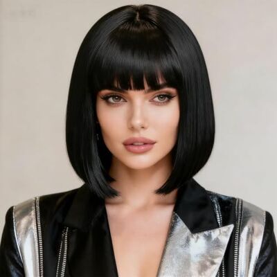 Panda Perruque Noire courte Bob droite avec frange pour femme, perruques de cheveux raides naturels brésiliens synthétiques résistants à la chaleur pour cosplay, fête, Halloween, quotidienne - Publicité Panda Perruque Noire courte Bob droite avec frange pour femme, perruques de cheveux raides naturels brésiliens synthétiques résistants à la chaleur pour cosplay, fête, Halloween, quotidienne - Publicité