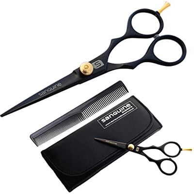 Sanguine Ciseaux de coiffeur 14 cm, Noir profond + Coque - Publicité Sanguine Ciseaux de coiffeur 14 cm, Noir profond + Coque - Publicité