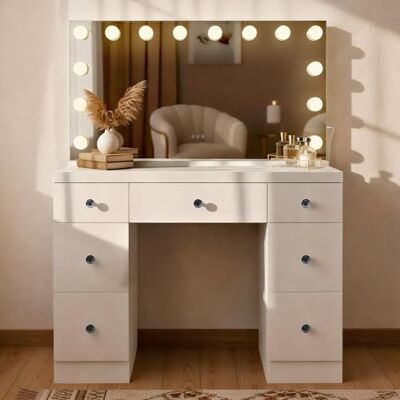 Coiffeuse blanche Lerona avec éclairage LED et ports USB - Publicité Coiffeuse blanche Lerona avec éclairage LED et ports USB - Publicité