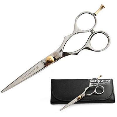 Sanguine Ciseaux de coiffure professionnels pour tous types de cheveux, pour barbiers, coiffeurs et usage personnel, aide à arrêter les pointes fourchues, lames convexes japonaises 14 cm étui inclus - Publicité Sanguine Ciseaux de coiffure professionnels pour tous types de cheveux, pour barbiers, coiffeurs et usage personnel, aide à arrêter les pointes fourchues, lames convexes japonaises 14 cm étui inclus - Publicité