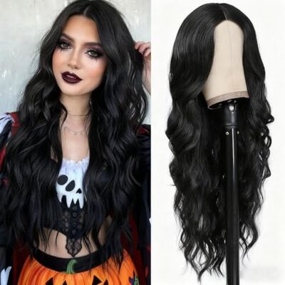 Panda femmes perruque noir longue ondulée bouclée centre séparation cheveux naturels, perruques synthétiques résistantes à la chaleur pour cosplay Halloween fête usage quotidien - Publicité Panda femmes perruque noir longue ondulée bouclée centre séparation cheveux naturels, perruques synthétiques résistantes à la chaleur pour cosplay Halloween fête usage quotidien - Publicité