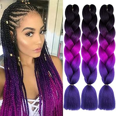 ColorfulPanda Kanekalon Jumbo Ombre Tresse Cheveux 3 Tons 24", Extension de Cheveux Tresse Ombre Extension de Fibre Haute Température 3pcs / Lot 100g / pc (Noir/Violet Foncé/Violet Clair) - Publicité ColorfulPanda Kanekalon Jumbo Ombre Tresse Cheveux 3 Tons 24", Extension de Cheveux Tresse Ombre Extension de Fibre Haute Température 3pcs / Lot 100g / pc (Noir/Violet Foncé/Violet Clair) - Publicité