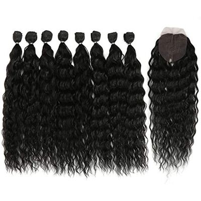DÉBUT Lot de 9 mèches de cheveux synthétiques avec fermeture frontale en dentelle suisse Fibre haute température 50,8 cm 240 g (50,8 cm, 1B) - Publicité DÉBUT Lot de 9 mèches de cheveux synthétiques avec fermeture frontale en dentelle suisse Fibre haute température 50,8 cm 240 g (50,8 cm, 1B) - Publicité