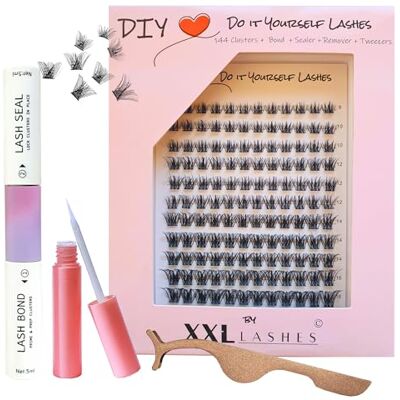 XXL Lashes DIY Kit de cils à faire soi-même, ensemble d'extensions de cils , 144 cils en grappe de 5 longueurs différentes, y compris colle/adhésif, scellant, dissolvant, applicateur et manuel (Wispy) - Publicité XXL Lashes DIY Kit de cils à faire soi-même, ensemble d'extensions de cils , 144 cils en grappe de 5 longueurs différentes, y compris colle/adhésif, scellant, dissolvant, applicateur et manuel (Wispy) - Publicité