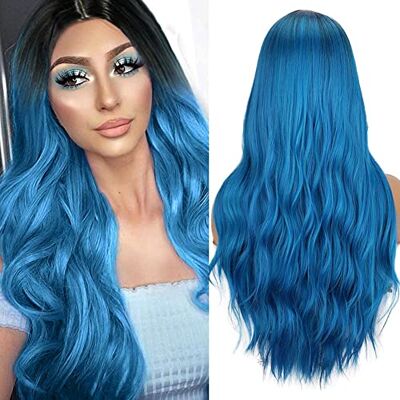 Panda femmes perruque bleu ombre longue ondulée bouclée centre séparation cheveux naturels, perruques synthétiques résistantes à la chaleur pour cosplay Halloween fête usage quotidien - Publicité Panda femmes perruque bleu ombre longue ondulée bouclée centre séparation cheveux naturels, perruques synthétiques résistantes à la chaleur pour cosplay Halloween fête usage quotidien - Publicité