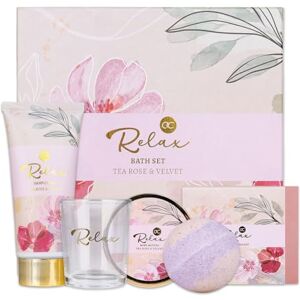 accentra Set de bain & soin RELAX dans une belle boîte cadeau, 5 pcs Wellness Kit cadeaux pour femmes avec beurre corps, savon, crème mains, bombe-bain et bougie parfumée Tea Rose & Velvet - Publicité accentra Set de bain & soin RELAX dans une belle boîte cadeau, 5 pcs Wellness Kit cadeaux pour femmes avec beurre corps, savon, crème mains, bombe-bain et bougie parfumée Tea Rose & Velvet - Publicité