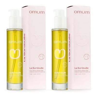 Omum Cible Vergetures Offre duo 2 flacons La Surdouée Grossesse & Allaitement Bio 100 Millilitres - Publicité Omum Cible Vergetures Offre duo 2 flacons La Surdouée Grossesse & Allaitement Bio 100 Millilitres - Publicité