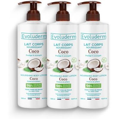 Evoluderm – Lait Corps Nourrissant Coco – 500 ml – 96% d’Origine Naturelle – Végan – Fabrication Française – Lot de 3 x 500 ml - Publicité Evoluderm – Lait Corps Nourrissant Coco – 500 ml – 96% d’Origine Naturelle – Végan – Fabrication Française – Lot de 3 x 500 ml - Publicité