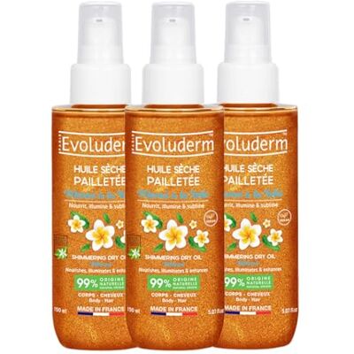 Evoluderm Huile Sèche Pailletée Monoï à la Folie 150ml 99% d'Ingrédients d'Origine Naturelle Végan – Fabrication Française Lot de 3 x 150ml - Publicité Evoluderm Huile Sèche Pailletée Monoï à la Folie 150ml 99% d'Ingrédients d'Origine Naturelle Végan – Fabrication Française Lot de 3 x 150ml - Publicité