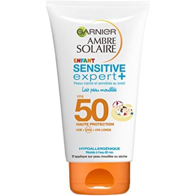 Garnier Ambre Solaire Crème Solaire Lait pour Peau Mouillée FPS50+ pour Enfant 150 ml Lot de 2 - Publicité Garnier Ambre Solaire Crème Solaire Lait pour Peau Mouillée FPS50+ pour Enfant 150 ml Lot de 2 - Publicité