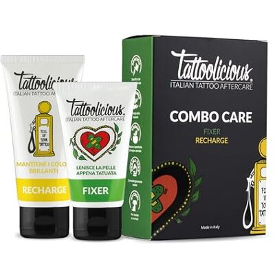 TATTOOLICIOUS COMBO CARE – FIXER, La Crème apaisante pour nouveau tatouage, 75 ml + RECHARGE, La Crème revitalisante pour tatouage, 100 ml Avec des ingrédients actifs biologiques. Publicité TATTOOLICIOUS COMBO CARE – FIXER, La Crème apaisante pour nouveau tatouage, 75 ml + RECHARGE, La Crème revitalisante pour tatouage, 100 ml Avec des ingrédients actifs biologiques. Publicité