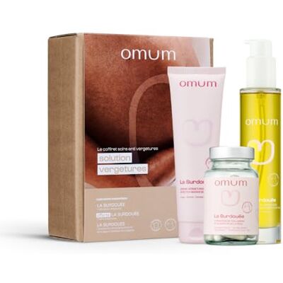 Omum Coffret Solution Vergetures 1 huile vergeture La Surdouée, 1 crème prévention vergeture La Surdouée OFFERTE, 1 complément élasticité & hydratation La Surdouée Soin anti vergetures grossesse - Publicité Omum Coffret Solution Vergetures 1 huile vergeture La Surdouée, 1 crème prévention vergeture La Surdouée OFFERTE, 1 complément élasticité & hydratation La Surdouée Soin anti vergetures grossesse - Publicité