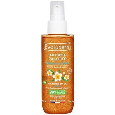 Evoluderm Huile Sèche Pailletée Monoï à la Folie 150ml 99% d'Ingrédients d'Origine Naturelle Végan – Fabrication Française - Publicité Evoluderm Huile Sèche Pailletée Monoï à la Folie 150ml 99% d'Ingrédients d'Origine Naturelle Végan – Fabrication Française - Publicité
